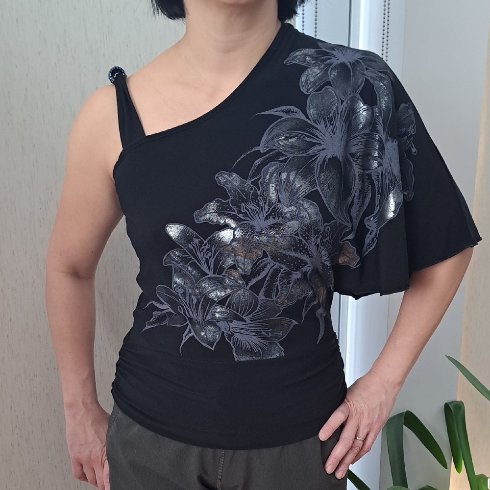 Black Asymmetrical Blouse with Gray Floral Design